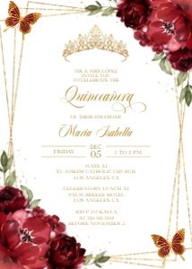 Q013 - Quinceneara Invitation - Burgundy & Gold Butterfly: Burgundy Red and Gold Quinceañera Invitation, EDITABLE Tiara Party Invite Template, Mis Quince Anos, 15th Birthday, Instant Download, Q013