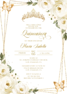 Q011 - Quinceneara Invitation - White & Gold Butterfly: Ivory White and Gold Quinceañera Invitation, EDITABLE Tiara Rose 15th Birthday Party Invite Template, Mis Quince Anos, Instant Download Q011