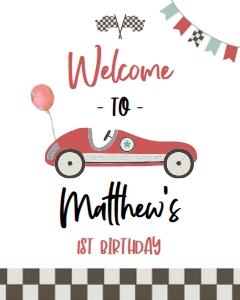 Red Race Car First Birthday Welcome Sign, First Trip Around The Track Banner, Printable Racing Car Kids Party Decor, Instant Download KP139 design preview