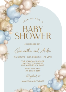 EDITABLE Boho Arch Baby Shower Invitation, Balloons & Pampas Grass Invite Template, Pastel Blue Gender Neutral Party, Instant Download BS168 design preview