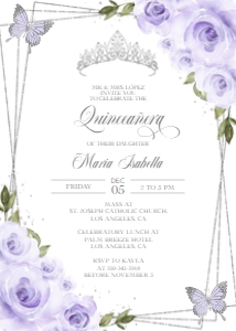 Lilac Purple and Silver Quinceañera Invitation, EDITABLE Tiara Rose 15th Birthday Party Invite Template, Mis Quince Anos, Easy Download Q016 design preview