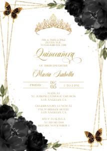 Elegant Black and Gold Quinceañera Invitation, EDITABLE Tiara Rose 15th Birthday Party Invite Template, Mis Quince Anos, Easy Download Q017 design preview