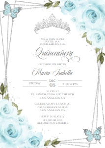 Q015 - Quinceneara Invitation - Blue & Silver Butterfly: Sky Blue and Silver Quinceañera Invitation, EDITABLE Tiara Rose 15th Birthday Party Invite Template, Mis Quince Anos, Instant Download Q015