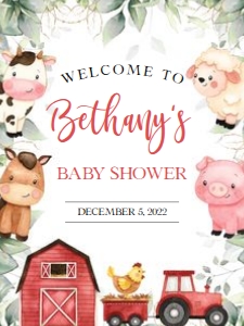 BS113-A-018-Welcome Sign-18 by 24 inches: Farm Baby Shower Bundle, EDITABLE Barn Animals Baby Shower Invite, Ranch Baby Shower Games, Red Boy Barnyard Animal, Instant Download, BS113
