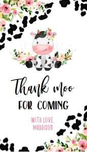 KP179_A-TAG-Rectangle (2 by 3.5" inches) - No Shape: Thank You For Coming Gift Tag, EDITABLE Holy Cow Party Favor, Floral Cow Print Birthday Label, Barn Animal Template, Instant Download KP179