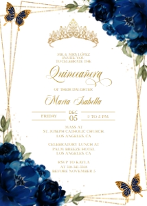 Q018 - Quinceneara Invitation - Navy Blue & Gold Butterfly: Elegant Navy Blue and Gold Quinceañera Invitation, EDITABLE Tiara Rose 15th Birthday Party Invite, Mis Quince Anos, Printable Template, Q018