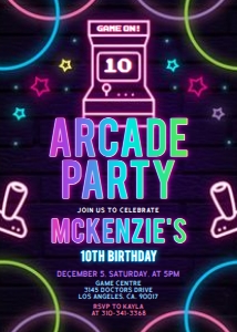 KP180-B-Invitation-5 by 7 inches-Arcade Party (Pink): EDITABLE Arcade Party Invitation, Gamer Birthday Invite, Pink Glow Neon Invite Template, Kids Retro Video Game Party, Instant Download KP180