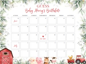BS113-A-021-Guess Baby’s Due Date-18 by 24 inches: Farm Baby Shower Bundle, EDITABLE Barn Animals Baby Shower Invite, Ranch Baby Shower Games, Red Boy Barnyard Animal, Instant Download, BS113