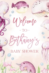 BS139-B-018-Welcome Sign-24 by 36 inches: Under the Sea Baby Shower Bundle, EDITABLE Ocean Animals Baby Shower Invite, Nautical Baby Shower Games, Pink Girl, Instant Download, BS139