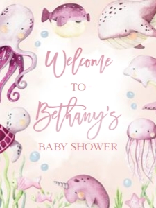 BS139-B-018-Welcome Sign-18 by 24 inches: Under the Sea Baby Shower Bundle, EDITABLE Ocean Animals Baby Shower Invite, Nautical Baby Shower Games, Pink Girl, Instant Download, BS139