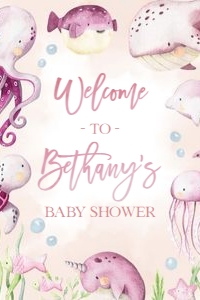 BS139-B-018-Welcome Sign-20 by 30 inches: Under the Sea Baby Shower Bundle, EDITABLE Ocean Animals Baby Shower Invite, Nautical Baby Shower Games, Pink Girl, Instant Download, BS139
