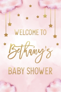BS128-A-018-Welcome Sign-20 by 30 inches: Twinkle Twinkle Little Star Welcome Sign, EDITABLE Moon and Stars Baby Shower Decor, Pink & Gold Baby Party Template, Instant Download BS128