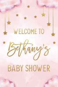 BS128-A-018-Welcome Sign-24 by 36 inches: Twinkle Twinkle Little Star Welcome Sign, EDITABLE Moon and Stars Baby Shower Decor, Pink & Gold Baby Party Template, Instant Download BS128