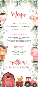 BS113-A-014-Menu Card-4 by 9 in: Farm Baby Shower Bundle, EDITABLE Barn Animals Baby Shower Invite, Ranch Baby Shower Games, Red Boy Barnyard Animal, Instant Download, BS113