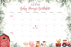 BS113-A-021-Guess Baby’s Due Date-24 by 36 inches: Farm Baby Shower Bundle, EDITABLE Barn Animals Baby Shower Invite, Ranch Baby Shower Games, Red Boy Barnyard Animal, Instant Download, BS113