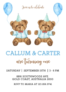 Twins Birthday Invitation 3 (5" x 7"): Twin Boys Invitation