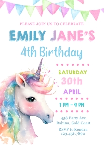 Unicorn Pastel1 Birthday Invitation (5" x 7"): Girl 1 Birthday Invitation (5" x 7")