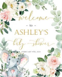 Welcome sign: Elephant floral girl baby shower set