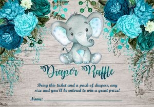 Diaper raffle card: Turquoise elephant set