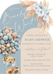 Pampas Grass Dusty Blue Teddy Bear Invitation Set design preview