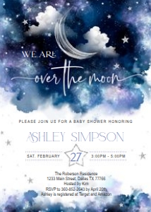 Over the Moon Baby shower Blue Purple invitation set design preview