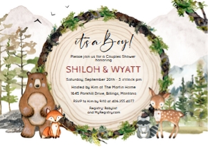 Woodland Animals Wood Slice Baby Shower Invitation - 7 x 5 design preview