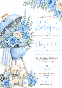 Baby Q Shower Floral Grill Invitation - Blue design preview