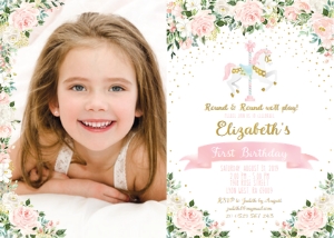 carousel pink - bd invitation 3 7x5 photo white: carousel pink - bd invitation 3