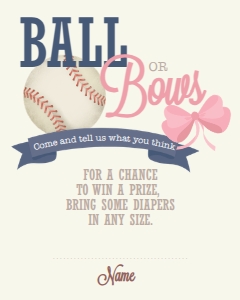 Baseball or Bows Diaper Raffle Card: Baseball or Bows Diaper Raffle Card