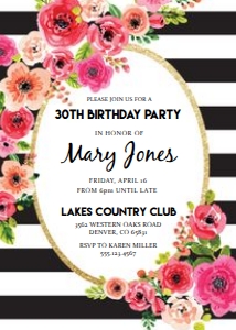 Black And White Stripe Floral Watercolor Birthday Invitation: Black And White Stripe Floral Watercolor Birthday Invitation