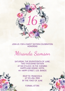 TVB190 Watercolor Floral Wreath Birthday Invitation design preview