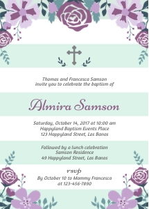 TVC142 Mint Stripes Purple Flowers Baptism Invitation design preview