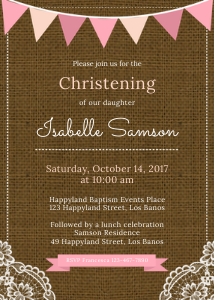 TVC143 Pink Flags and Lace on Burlap Baptism Invitation design preview