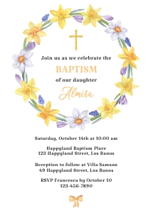 TVC205 Watercolor Daffodil Wreath Baptism Invitation design preview