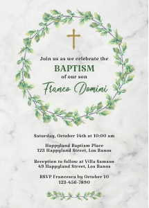 TVC204 Green Foliage Wreath on Marble Baptism Invitation design preview