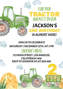 green tractor birthday invitation T003: 10372