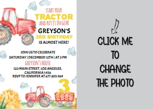 red tractor photo birthday invite T003: 10720