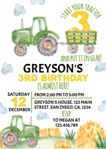 green tractor birthday invitation T003: 10390