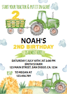 green tractor 2nd birthday invite T003: 10380