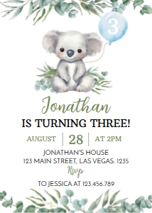 koala 3rd birthday invitation K001: 1608439901