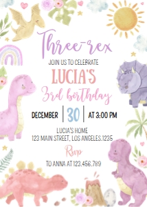 girl dinosaur 3rd birthday invite D014: 1726320598