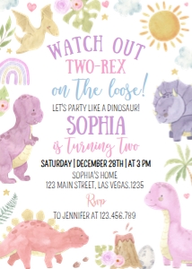 girl dinosaur 2nd birthday invite D014: 1740507777