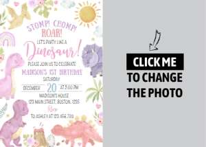 girl dinosaur birthday photo invite D014: 1726316974