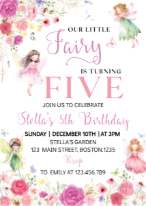 fairy floral 5th birthday invite F019: 9232