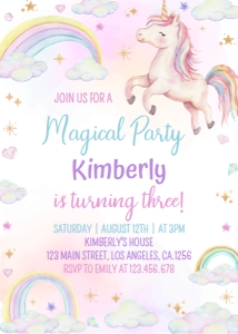 unicorn 3rd birthday invitation U004: 1770040016