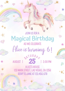 unicorn 6th birthday invitation U004: 1784234171