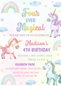 unicorn 4th birthday invitation U005: 1786817245