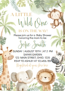 wild one animals baby shower invitation A010: 8845