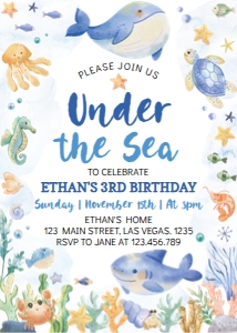 oneder the sea 3rd birthday invitation O011: 9469