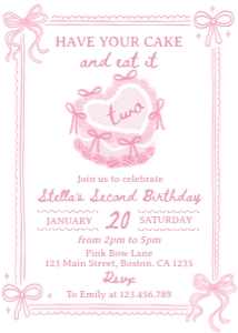 pink bow cake 2nd birthday invitation C014: 1868240491